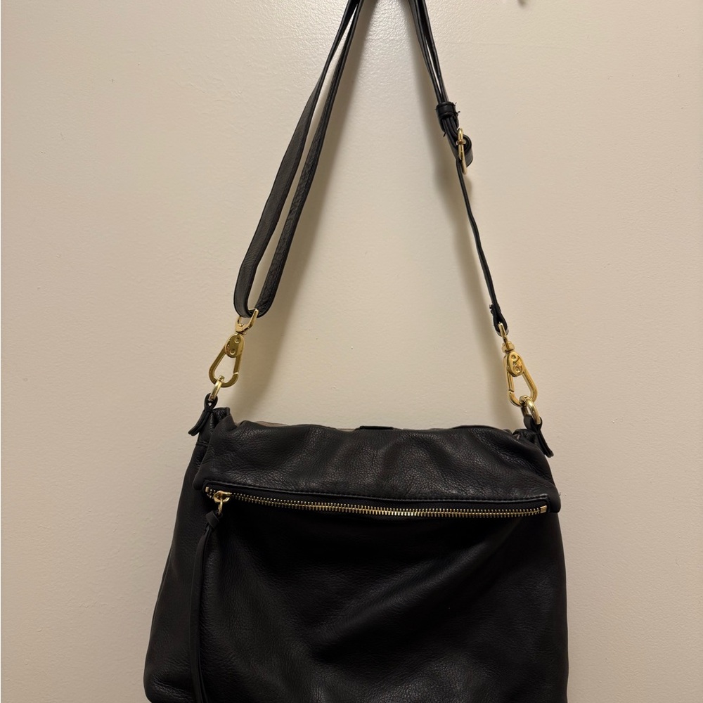 Margot Black Leather Shoulder Bag with Gold Hardware